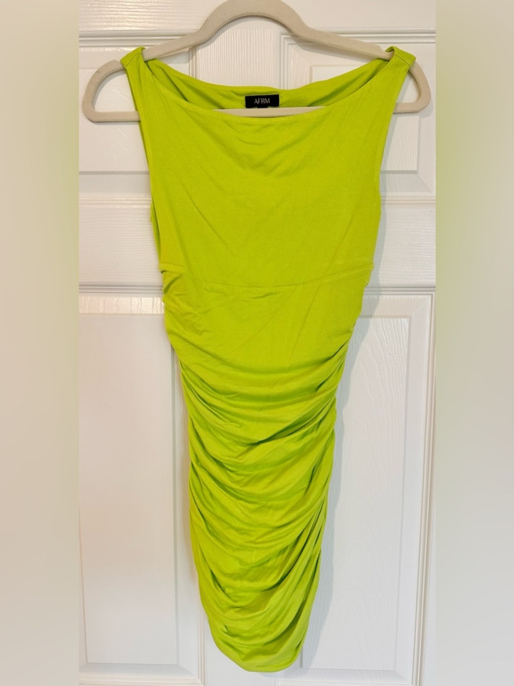 AFRM Neon Green Ruched Bodycon Summer Mini Dress Size S NWOT - Picture 3 of 5